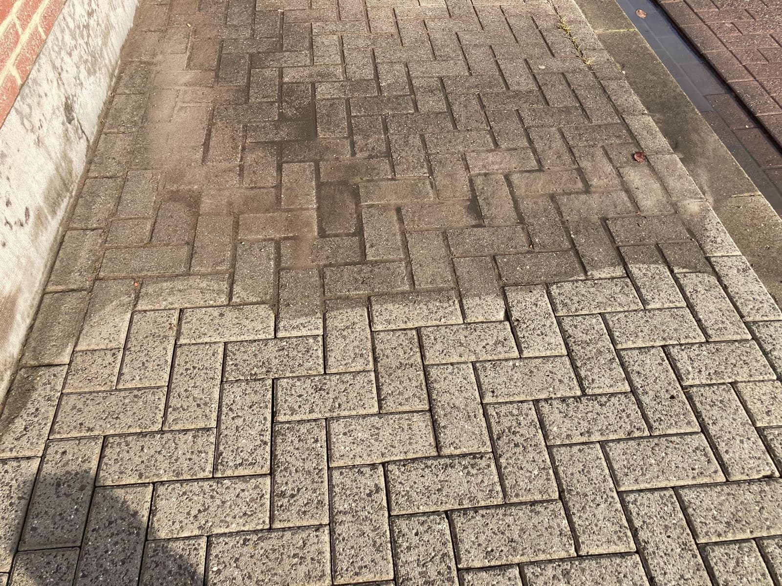 Tuinpad in klinkers, half gereinigd: het contrast tussen vuil en proper is duidelijk zichtbaar