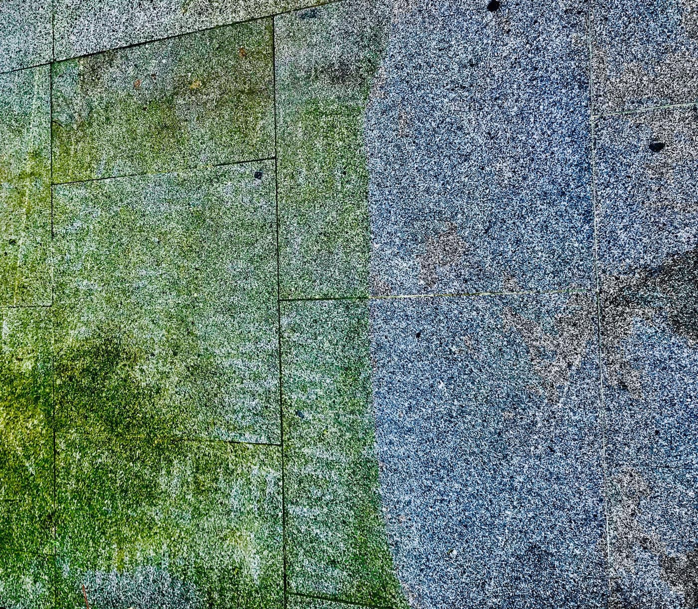 Terrastegels met groene aanslag, deels gereinigd